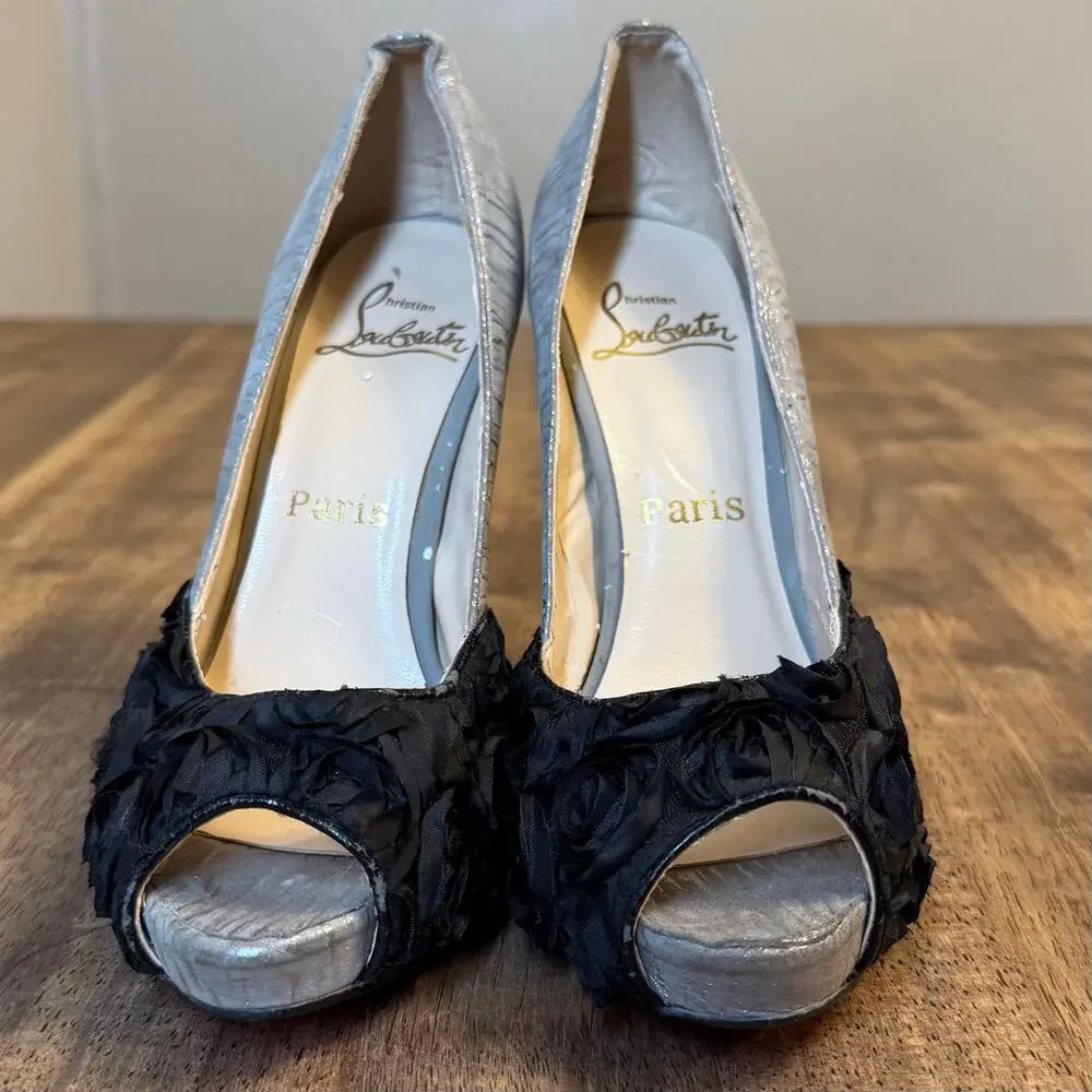 Christian Louboutin Heels Zebra Print Rose Floral Silver Black Women’s EU 37